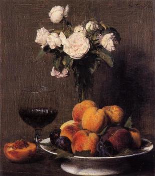 Henri Fantin-Latour : Still Life with Roses, Fruit and a Glass of Wine